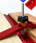 Heavy Duty Adjustable T Track Clamp With Micro Fine Tuning For Woodworking, close-up of red clamp securing wood board.