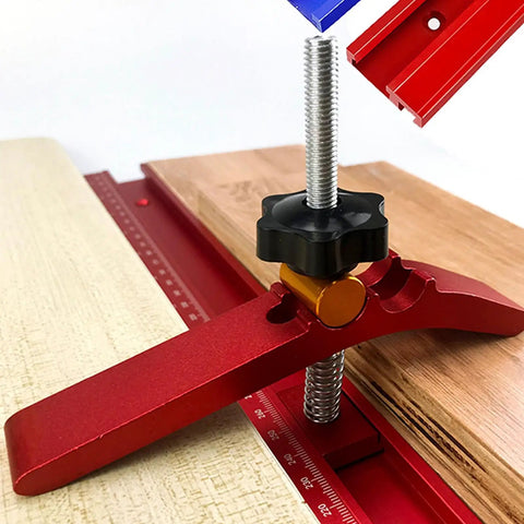 Fafeicy T Track Hold Down Clamp With Micro Adjustment For CNC Sleds Diy Fixture securing thin wood with stable dual force clamping.