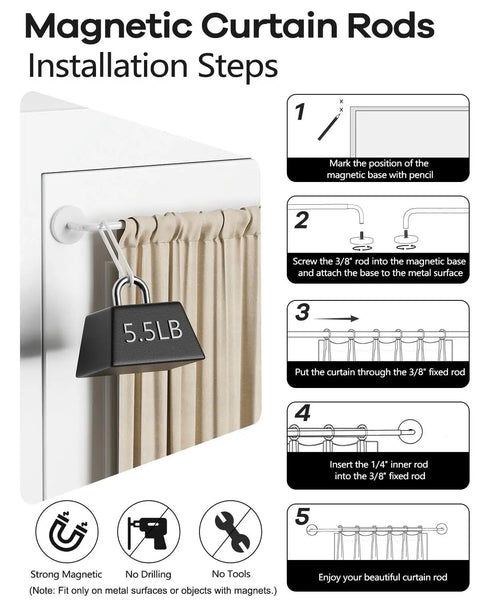 Magnetic Curtain Rod Set, 2 Pack For Metal Doors, Adjustable 18 To 30 Inch, Three Eighths Inch Diameter installing on metal surface