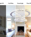 Lit Three Ring LED Chandelier With Changeable Color Temperature in a living room, showcasing cool, neutral, warm light modes.