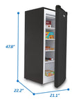 Workhorse Stand Up Upright Freezer Five Cubic Feet With Reversible Door and Four Sturdy Steel Shelves in Sleek Black.