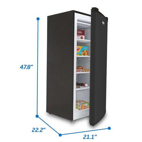 Workhorse Stand Up Upright Freezer Five Cubic Feet With Reversible Door and Four Sturdy Steel Shelves in Sleek Black.