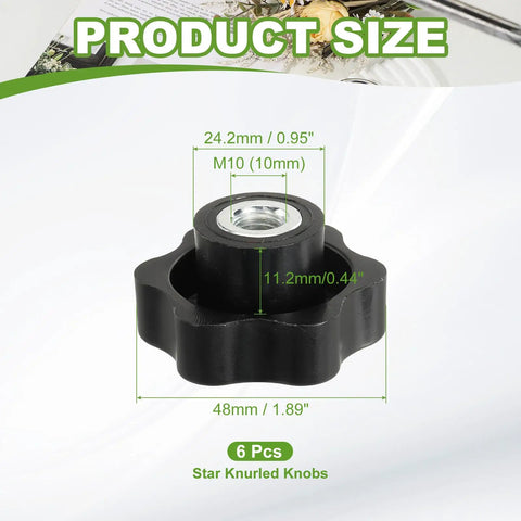 Heavy Duty Plastic Clamping Knobs Set With Brass Core, M10 Female Thread, Knurled Hexagon Star Knobs, size dimensions shown.