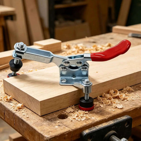 Close-up of Two Pack 225D Horizontal Toggle Clamp Set on wood, heavy duty hold down clamps for woodworking, sturdy steel construction.