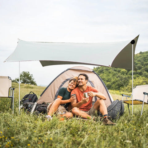 Couple camping under Beach Tent Poles Replacement 6.56 Ft Foldable Aluminum Alloy Tarp Poles with Ground Stakes for outdoor fun