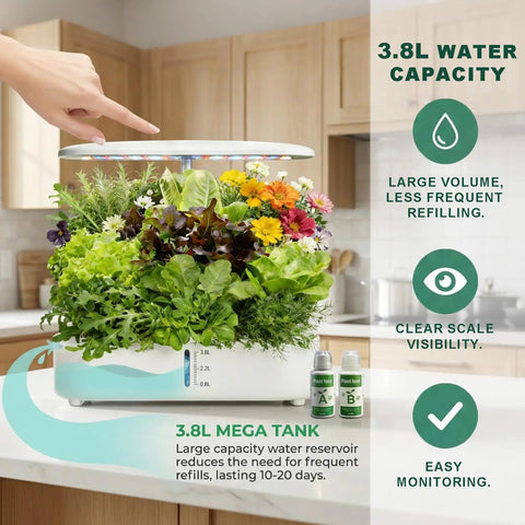 Smart Soilless Indoor Garden System With 12 Pods Hydroponics Kit Grow Herbs Year Round With 24W Full Spectrum LED Lights