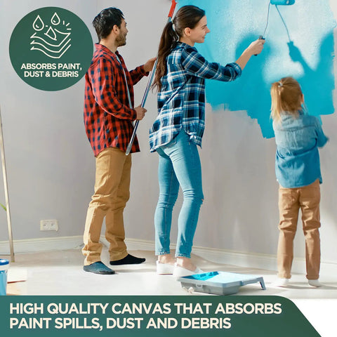 Family painting wall using Canvas Drop Cloths For Painting And DIY Projects, Premium Cotton Duck Cloth Tarp, 9 By 12 Feet.
