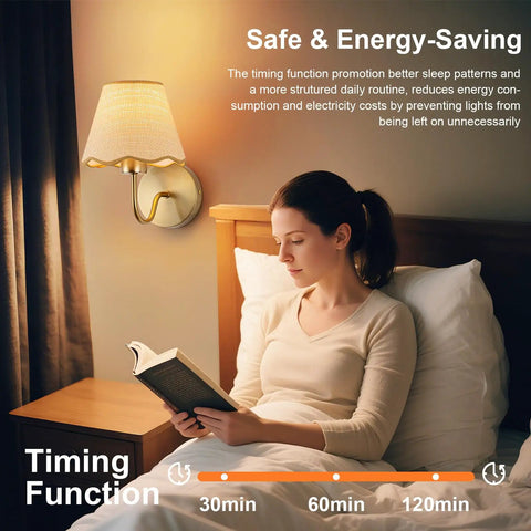 Battery Operated Wall Sconce Set Of Two With Gold Rattan Shade And Rechargeable RGB Bulbs For Wireless Bedroom Lighting, woman reading in bed.