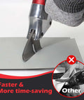 Sheet Metal Cutter Drill Attachment cutting metal sheet with pivoting handle, chrome vanadium steel build, showcasing faster cutting.