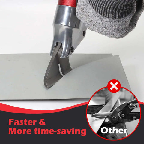Sheet Metal Cutter Drill Attachment cutting metal sheet with pivoting handle, chrome vanadium steel build, showcasing faster cutting.