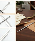 Vintage Sword Style Letter Opener For Envelopes And Mail With Slick Precision Slitter And Ergonomic Silver Handle on a desk