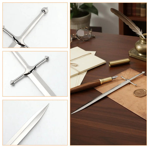 Vintage Sword Style Letter Opener For Envelopes And Mail With Slick Precision Slitter And Ergonomic Silver Handle on a desk