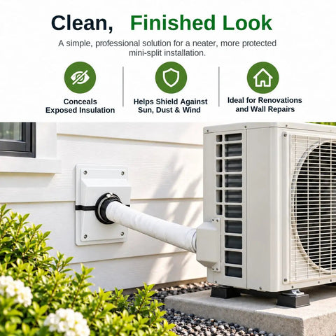 Knockout HVAC Wall Penetration Cover Kit That Slays Ugly AC Line Sets With Slick Split System Wall Sleeve Insulation Protector For Seamless Indoor Outdoor Air Conditioner Pipe Wrap And Ugly Foam Concealment In White, installed on a house wall, concealing AC line.