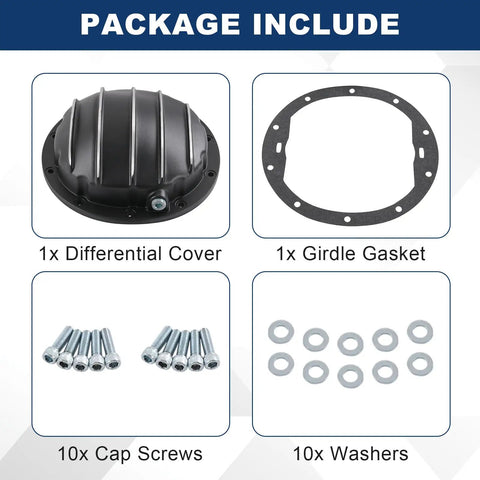 Package contents of Rear Differential Cover For 10-Bolt Diffs With 8.5 Inch And 8.6 Inch Ring Gear, Includes Girdle Gasket