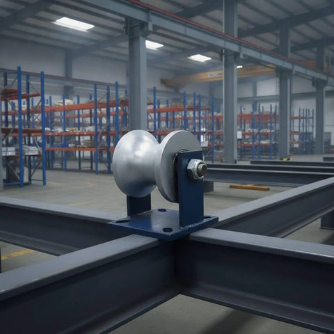 Rock Solid Sliding Gate Wheel With Fifty Millimeter U Groove Roller mounted on steel frame in industrial workshop.