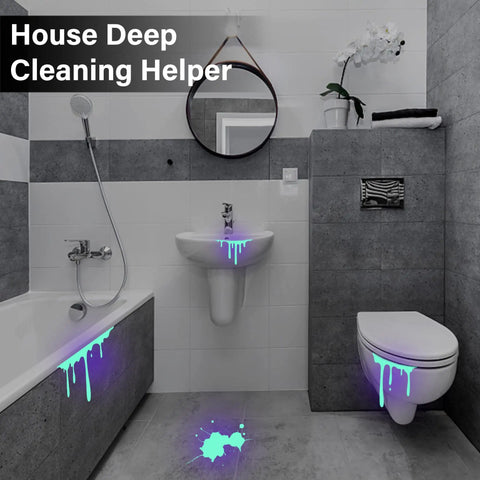 Bathroom showing UV Black Light Flashlight Three Pack With 51 LEDs 395nm highlighting hidden stains on sink and toilet.