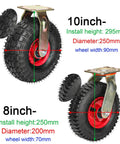 Heavy Duty Silent Swivel Casters With Chunky Rubber Tires Glide Smooth On Carpet Or Hardwood For Couches Desks Duffle Carts And Gear Bags At The Gym Or Garage Hangout, showing 10-inch and 8-inch sizes.