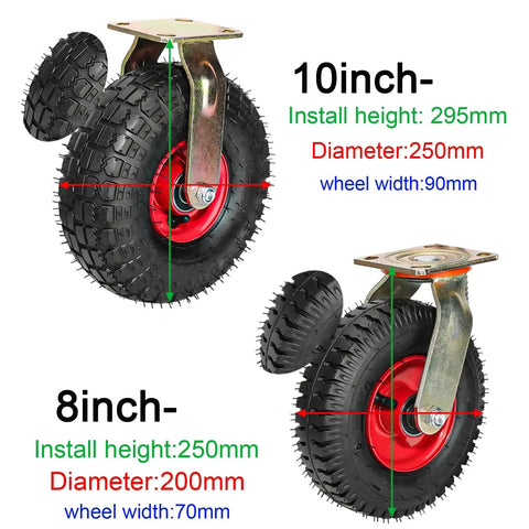 Heavy Duty Silent Swivel Casters With Chunky Rubber Tires Glide Smooth On Carpet Or Hardwood For Couches Desks Duffle Carts And Gear Bags At The Gym Or Garage Hangout, showing 10-inch and 8-inch sizes.