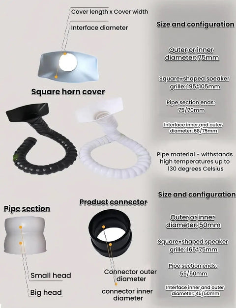 Heavy Duty Flexible Ventilation Tube With A No Brainer Flow Valve For Welding Soldering Grinding Dust Removal, showing various sizes and connectors.