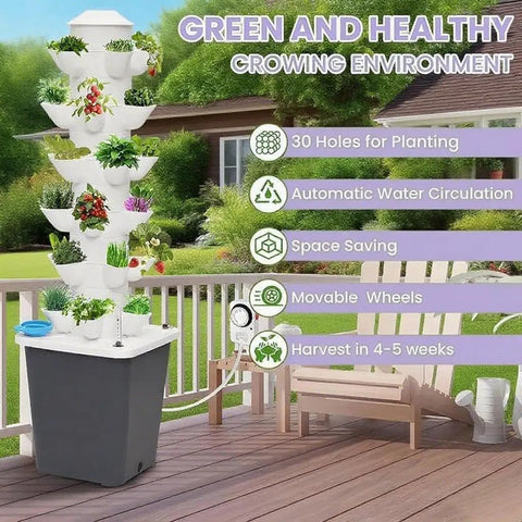 Outdoor view of Indoor Hydroponics Tower Garden Kit With 30 Pods, white vertical setup and movable water tank on patio