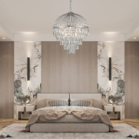 Luxury bedroom with Nine Light Crystal Chandelier With K9 Crystals, Chrome Finish, Modern Luxe Vibe For Dining Room Or Living Room