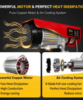 Front view of red FITHOIST electric hoist winch with wireless remote; collage shows copper motor and cooling system.