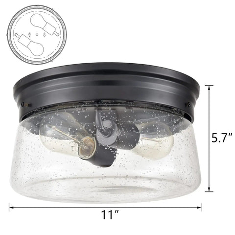 11 Inch Black Seeded Glass Flush Mount Ceiling Light With Drum Shade Dope Modern Farmhouse Style Two Light Fixture