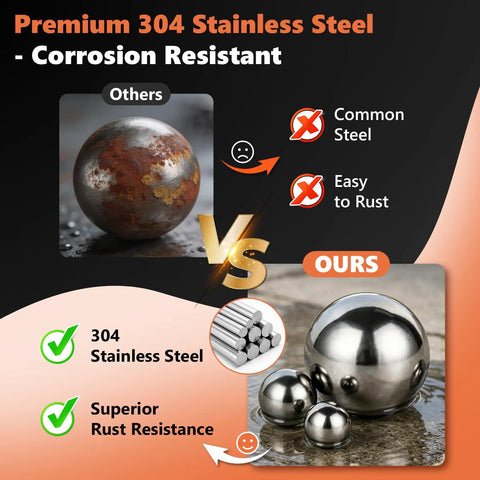 Comparison showing rusted common steel ball and 650 Piece 304 Stainless Steel Bearing Balls Set for DIY projects, rust-resistant.