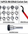 R8 ER40 Collet Holder Chuck Kit With 15 ER40 Collets For Milling Machines, Lockdown Ready Tooling Setup, includes wrench