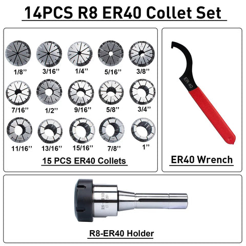 R8 ER40 Collet Holder Chuck Kit With 15 ER40 Collets For Milling Machines, Lockdown Ready Tooling Setup, includes wrench