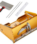 Drywall Finishing Mud Box Pro, 10 Inch Wide Quick Clean Aluminum Finishing Tool With Brass Blade and accessories shown
