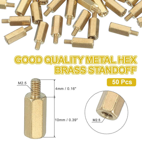 M2.5 Hex Brass Spacers With Female Threads, 50 Piece Gold Set For Fpv Drone And Motherboards, Heavy Duty Electrical Stands, Top Shelf PCBs, Slick Hardware Ready To Roll, detailed view of spacers with dimensions.