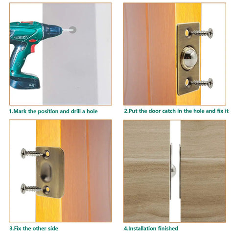 Installation of 2 Pack Closet Door Ball Catch Hardware Stainless Steel French Door Ball Latches in Antique Gold.