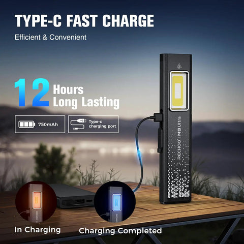 Ultra Slim EDC Flashlight Rechargeable With 8 Modes Magnetic Base And Clip Pocket Sized Lightweight 37 Grams 0.35 Inch Body showing charging process via Type-C