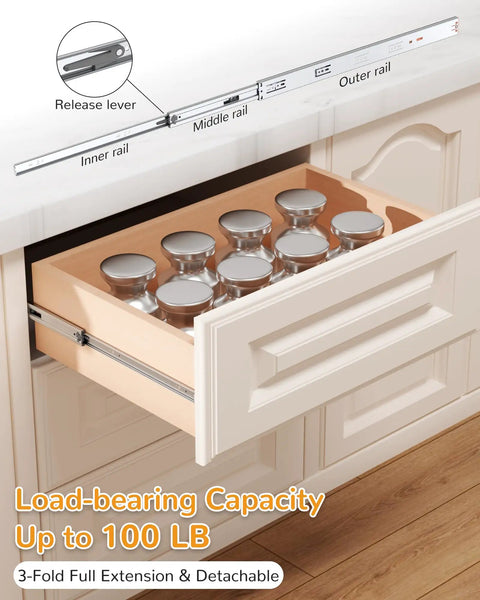 24 Inch Side Mount Soft Close Drawer Slides Full Extension 10 Pairs Straight Up Heavy Duty 100 Lb Capacity shown in kitchen drawer with jars.