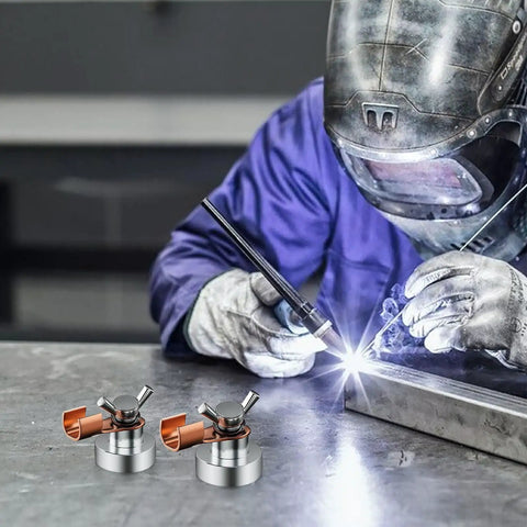 Heavy Duty Magnetic Welding Ground Clamp With Super Fast No Screw Tool Free Setup For Reliable Arc Safety And Solid Grounding Connection On Any Metal Spot For Pros Or Travelers Who Need Quick Fix. Two clamps seen with welder.