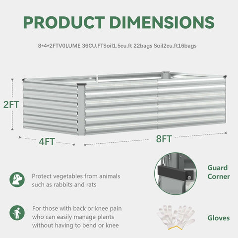 Two Piece Galvanized Raised Garden Bed Kit 8 By 4 By 2 Feet showing product dimensions and features.