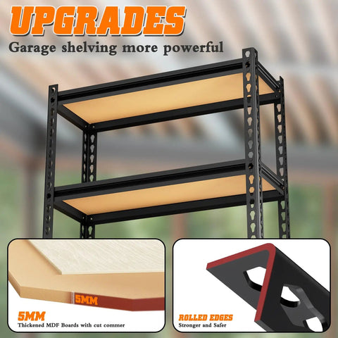Tough As Nails 5-Tier Metal Shelving Unit Heavy Duty Storage Rack showing thickened MDF boards and rolled edges for durability.