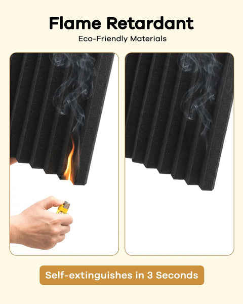 Flame retardant No Sweat Peel And Stick Acoustic Foam Panels 48 Pack showing self-extinguishing feature with smoke.