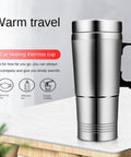 Zero Drama 12V And 24V Ride Along Electric Kettle Straight For Your Center Console Food Grade Steel Vessel showing a stainless steel thermos cup.