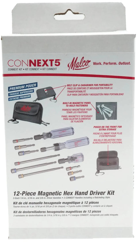 Connext5 Magnetic Hex Hand Driver Kit With 12-Piece Set Includes Quarter Inch, Five Sixteenth Inch, And Three Eighth Inch Shafts In Short, Medium, And Long Sizes Stubby Full Grip And Ratcheting Handles Quick Connect Holder Black Case