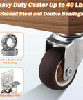 Close-up of 1 Inch Side Mount Casters Set Of 8 L Shaped Rubber Swivel, industrial metal wheels with thickened base plate, loaded under wood.