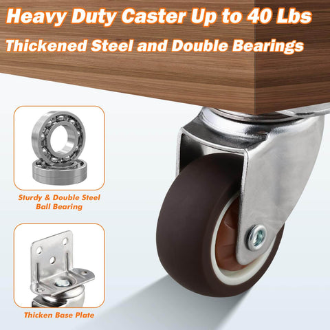 Close-up of 1 Inch Side Mount Casters Set Of 8 L Shaped Rubber Swivel, industrial metal wheels with thickened base plate, loaded under wood.