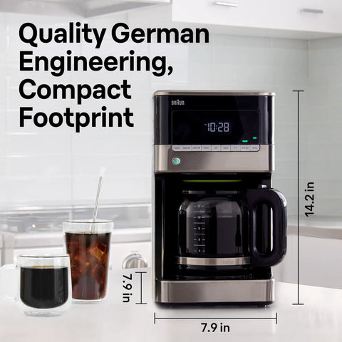 BrewSense 12 Cup Drip Coffee Maker With Pause And Pour Mid Brew No Fuss Coffee Machine With 24 Hour Timer And Clock shown in kitchen