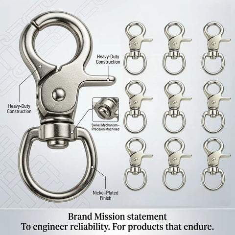 Heavy Duty Metal Swivel Snap Hooks Twelve Pack Slick 360 Spin Trigger Clips for Purses and Keychains, showing heavy-duty design with swivel mechanism.
