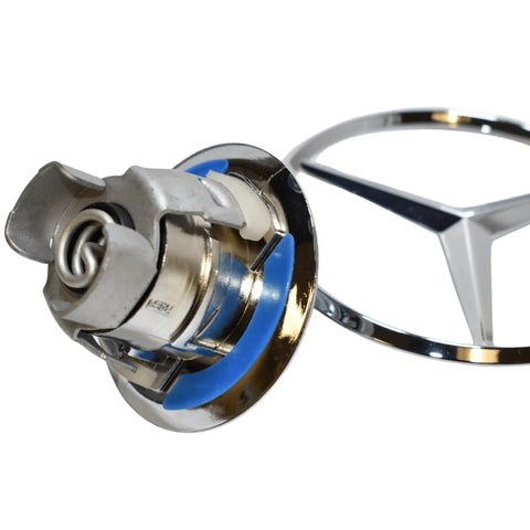 Close-up of Mercedes Benz Hood Emblem Badge Chrome and Blue Laurel Wreath for Vehicle Replacement, Genuine Star Emblem 140-880-02-86