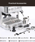 Top Shelf Home Espresso Machine With Built In Conical Burr Grinder 15 Bar Pump accessories including portafilter, milk pitcher, and filters.