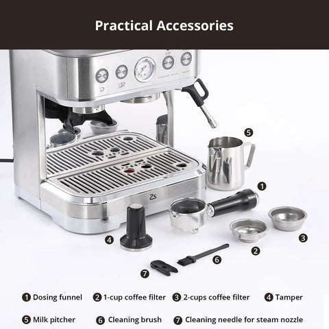 Top Shelf Home Espresso Machine With Built In Conical Burr Grinder 15 Bar Pump accessories including portafilter, milk pitcher, and filters.