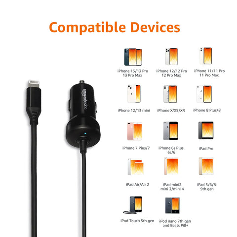 12W Fast Car Charger With Coiled Lightning Cable for iPhone iPad showing compatible Apple devices