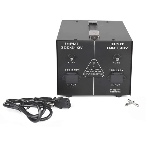 Front view of 1500W ST Pro Auto Step Up Step Down Voltage Transformer Converter with inputs and power cord